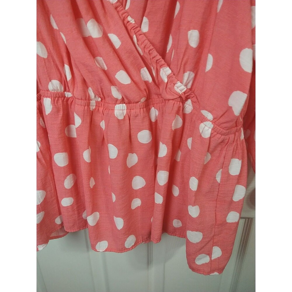 Lane Bryant 22 Pink White Polkadot Babydoll Top Wrap Front 3/4 Puff Sleeve - Picture 3 of 7
